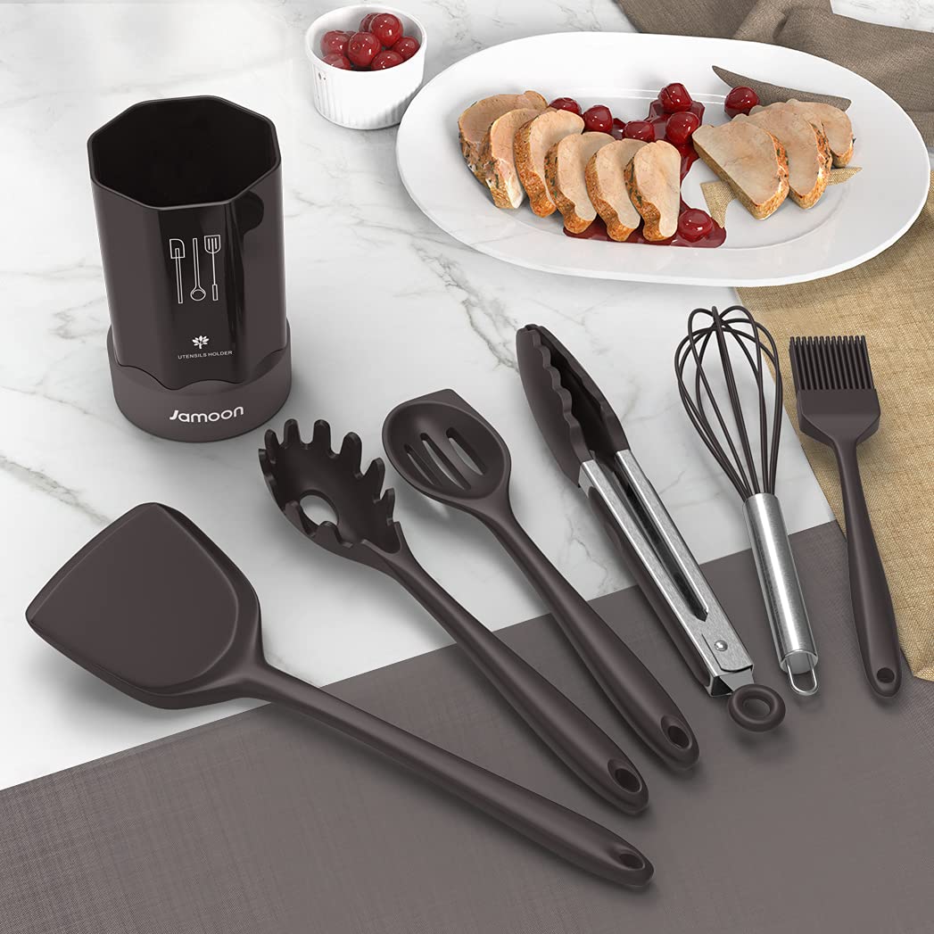 Silicone Cooking Utensils Set - 446°F Heat Resistant Kitchen Utensils,Spatula Sets,Turner Tongs,Spoon,Kitchen Utensil Gadgets Tools Set for Nonstick Cookware,Dishwasher Safe BPA Free (Gray)
