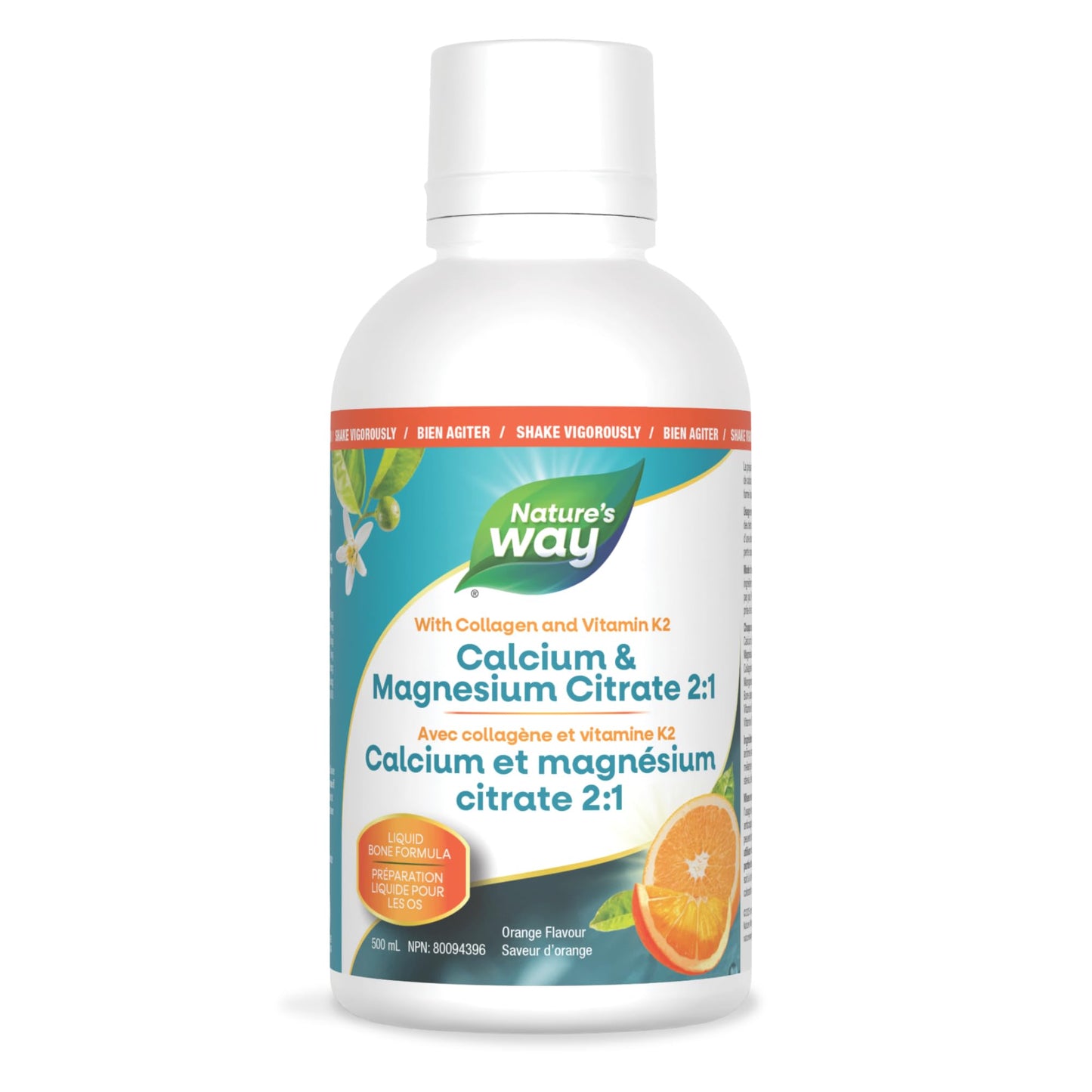 Nature's Way Calcium and Magnesium Citrate 2:1 - Liquid Supplement with Vitamin D3, Vitamin K2 and Collagen – Helps Support the Maintenance of Bones and Teeth – Orange Flavour, 500 mL Nature's Way