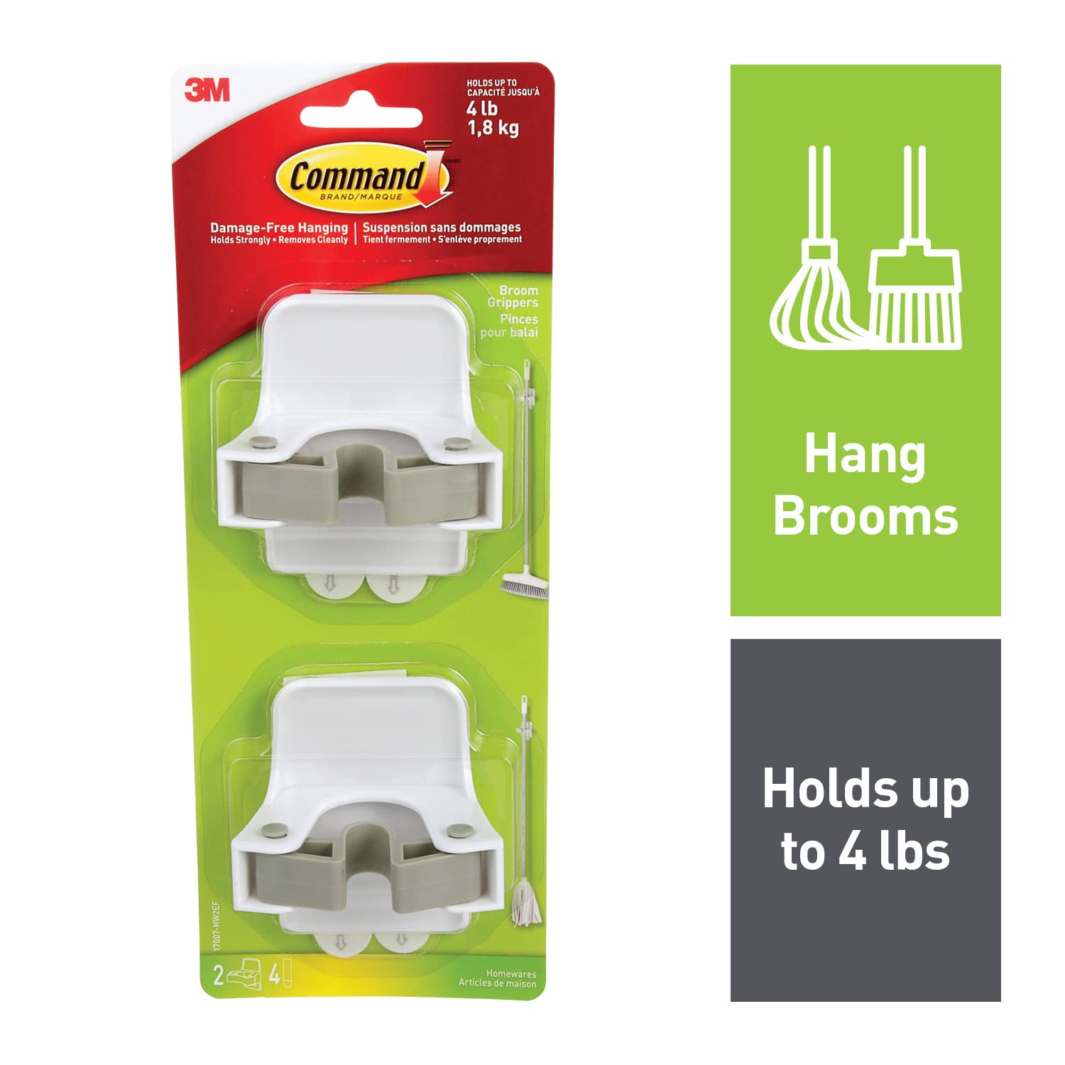 Command Broom and Mop Grippers Wall Hook, Damage Free Hanging Wall Mount Broom and Mop Holder, No Tools Household Cleaning Organizer for Living Spaces, 2 Hangers and 4 Command Strips - Available at All In One Marketplace Canada