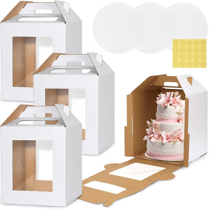 3 Pack Tall Cake Box for Tier Cake with Cake Board, 12 x 12 x 14 Inch Large Tiered Cake Carriers with Clear Windows & Handle, Disposable Bakery Take Out Transport Container for Birthday Wedding Party 🍁 All In One Marketplace Canada