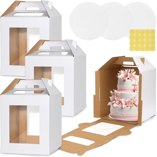 3 Pack Tall Cake Box for Tier Cake with Cake Board, 12 x 12 x 14 Inch Large Tiered Cake Carriers with Clear Windows & Handle, Disposable Bakery Take Out Transport Container for Birthday Wedding Party 🍁 All In One Marketplace Canada