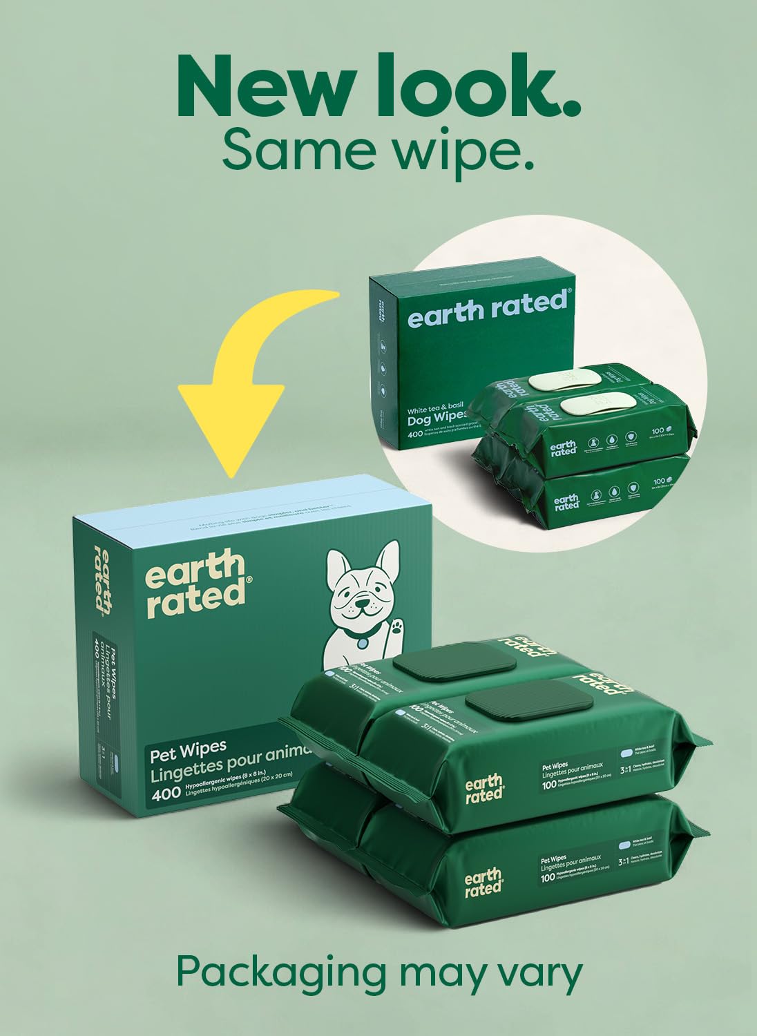 Earth Rated (A Canadian Company) Pet Wipes for Dogs and Cats, Hypoallergenic, 3-in-1 Cleaning, Deodorizing and Hydrating, for Grooming Paws, Body and Butt, New White Tea and Basil Scent, 400 Count