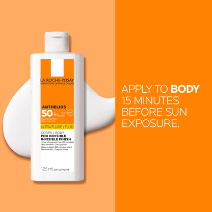 La Roche-Posay Anthelios Ultra Fluid Body Sunscreen Broad Spectrum SPF 50+, Reef Safe, Non-Greasy Matte Finish, 80 Min Water & Sweat Resistant, Fragrance Free, Dermatologist Recommended, 125ML