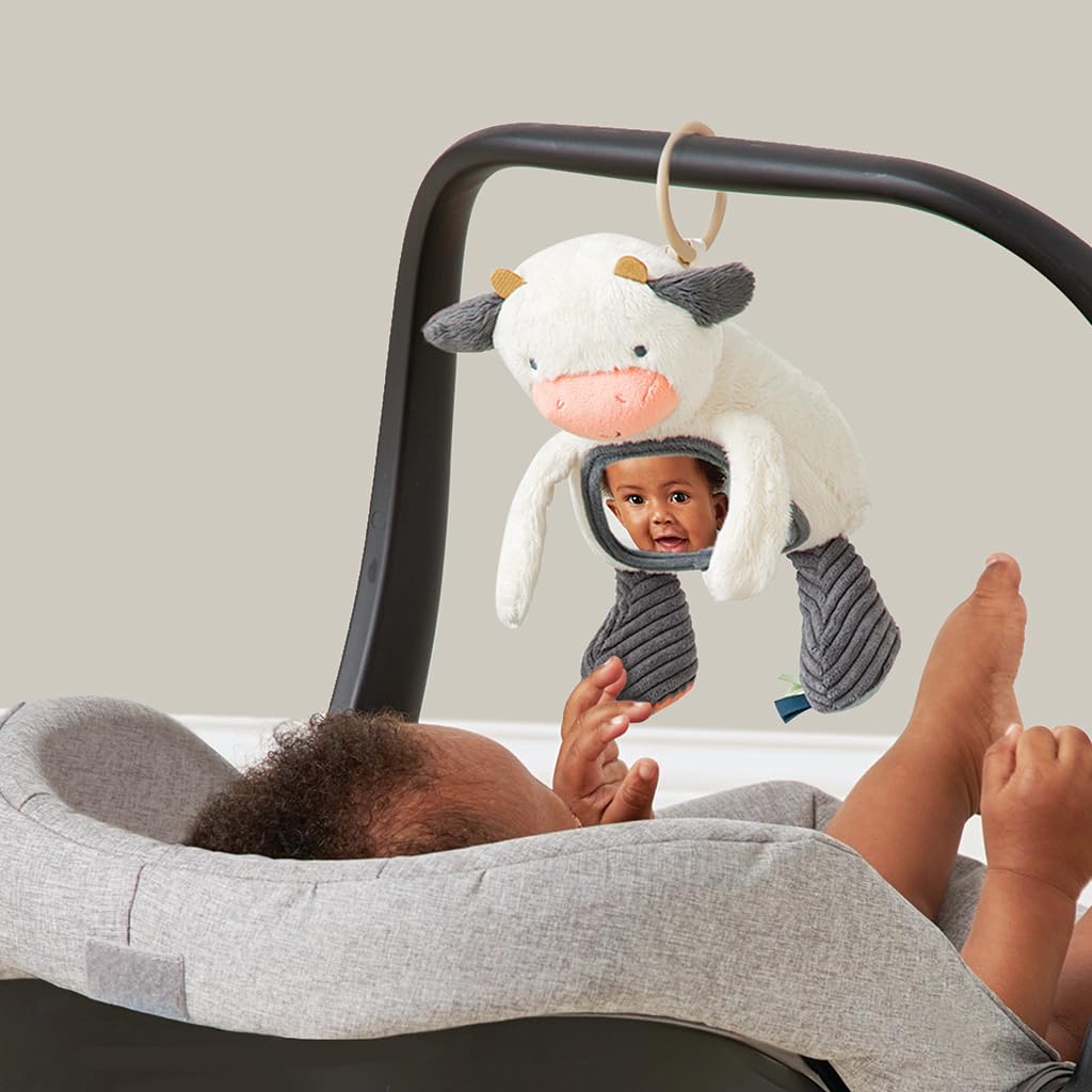 Itzy Ritzy Sensory Tummy Time Toy Mirror - Features Crinkle & Jingle Sounds, Multiple Textures and Mirror for Self-Discovery, Infant Toy For Ages 0 Months and Up, Cow Itzy Ritzy