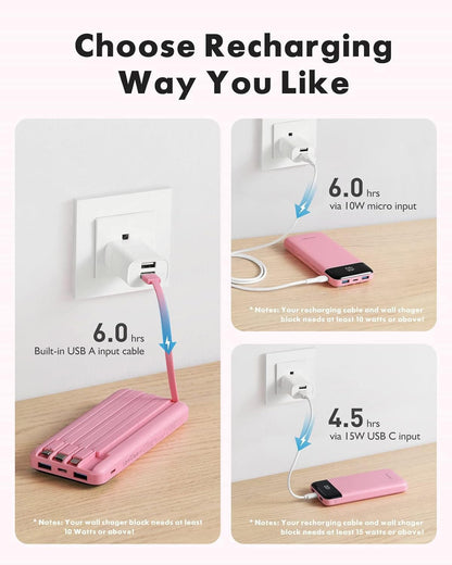 Charmast Portable Charger with Built in Cables, Power Bank with Cords Wires, Slim 10000mAh Travel Battery Pack 6 Outputs 3 Inputs 3A Fast Charging for Samsung Google Pixel LG Moto iPhone iPad - Available at All In One Marketplace Canada