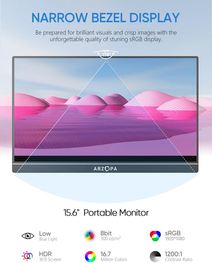 ARZOPA Portable Monitor 15.6'' FHD 1080P Kickstand Portable Laptop Monitor IPS Computer External Screen USB C HDMI Display for PC MAC Phone Xbox PS5 - A1 - Available at All In One Marketplace Canada