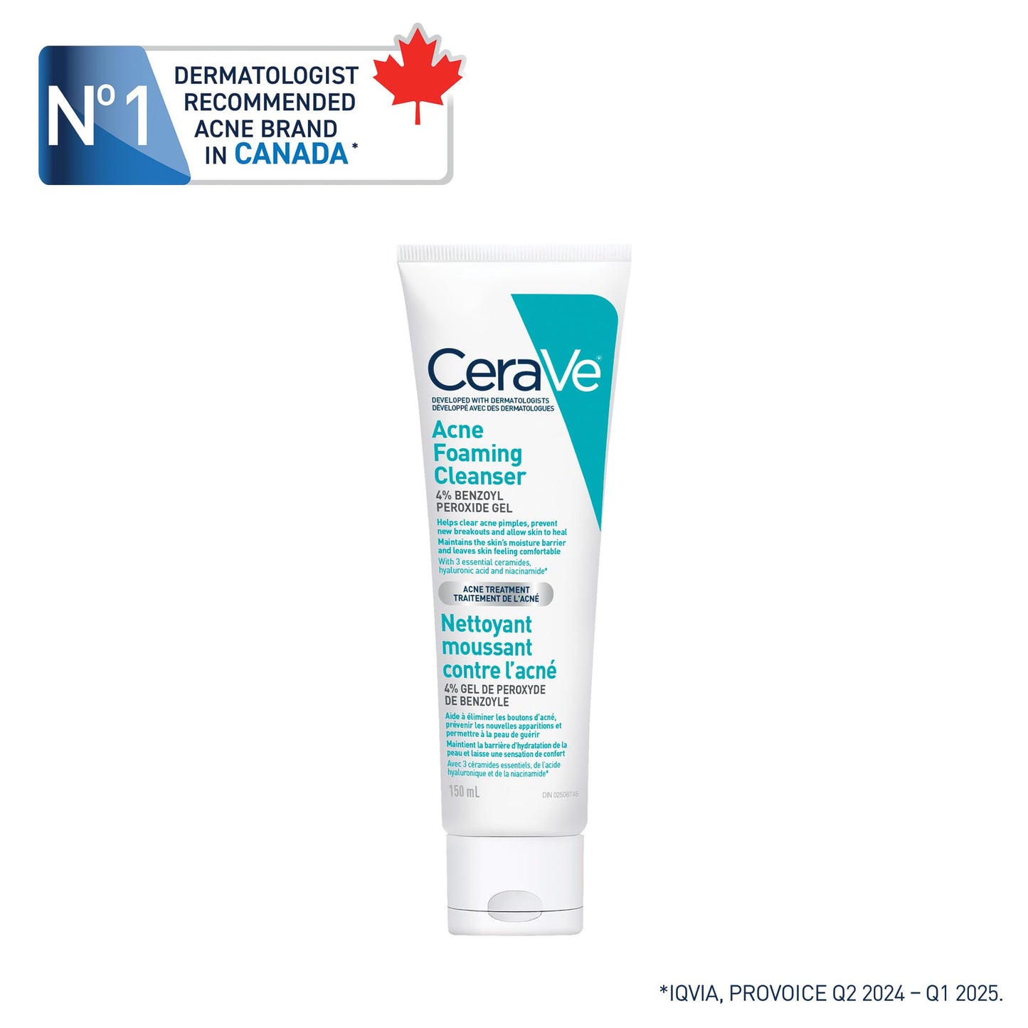 CeraVe 4% Benzoyl Peroxide Acne Treatment Foaming Cleanser Face & Body Wash, with Hyaluronic Acid and Niacinamide. Helps Clear Acne Pimples and prevent breakouts. Gentle Gel, Fragrance-Free, 150ML