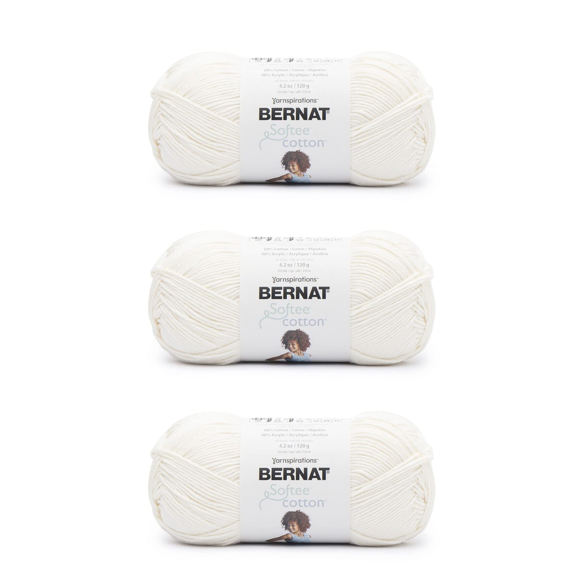 Bernat Softee Cotton Cotton Yarn - 3 Pack of 120g/4.25oz - Nylon - 3 DK (Light) - 254 Yards - Knitting/Crochet Bernat
