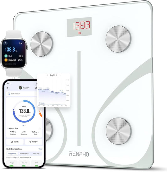 RENPHO Body Fat Scale, Smart Scale for Body Weight, BMI Digital Bathroom Weight Scale, Body Measurements with Smartphone App sync with Bluetooth, 400 lbs - White, Elis 1