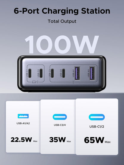 UGREEN 100W 6-Port GaN USB C Charging Station, Desktop Charger Block with 4 USB C and 2 USB A Fast Charging Compatible for MacBook Pro/Air, XPS, iPad, iPhone 17/16, Galaxy S26/S25/S24, Pixel 10/9
