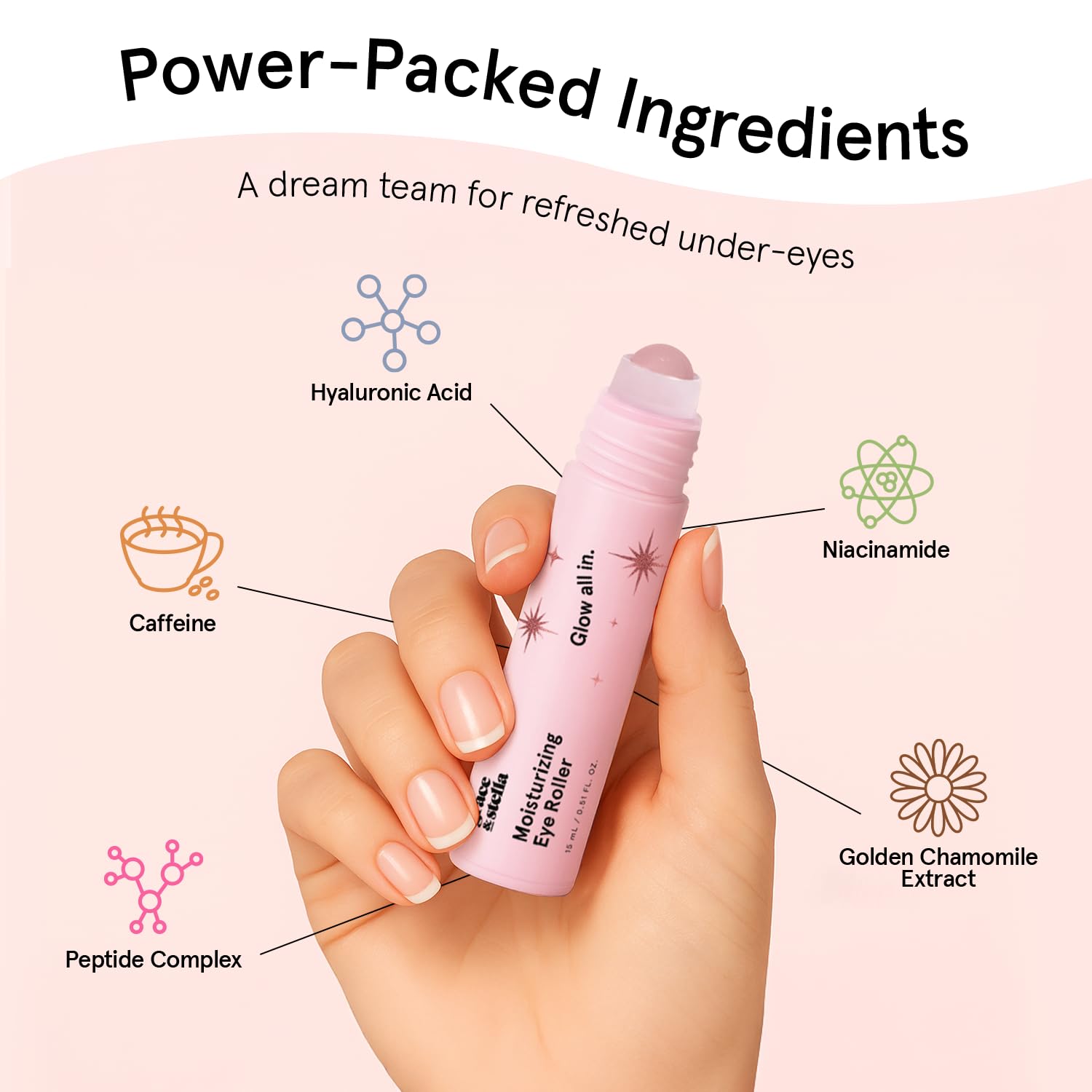 grace & stella Eye Serum Roller with Rose Quartz Rollerball - Hyaluronic Acid & Caffeine Under Eye Cream for Dark Circles & Puffiness - Airplane Travel Essentials - Vegan Skincare (15ml / 0.51floz)