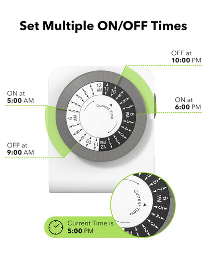 BN-LINK Indoor Dual Outlet Timers, Heavy-Duty Mechanical, 24-Hour, 3-Prong Design with 30-Minute Intervals for Lamps, Indoor Lighting, and Christmas Lights, White, 15A, 1875W, 2 Pack 🍁 All In One Marketplace Canada