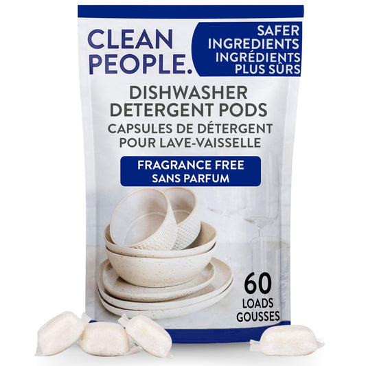 Clean People All Natural Dishwasher Pods - Cuts Grease & Rinses Sparkling Clean - Residue-Free - Phosphate Free Dishwashing Pods - Fragrance Free, 60 Pack