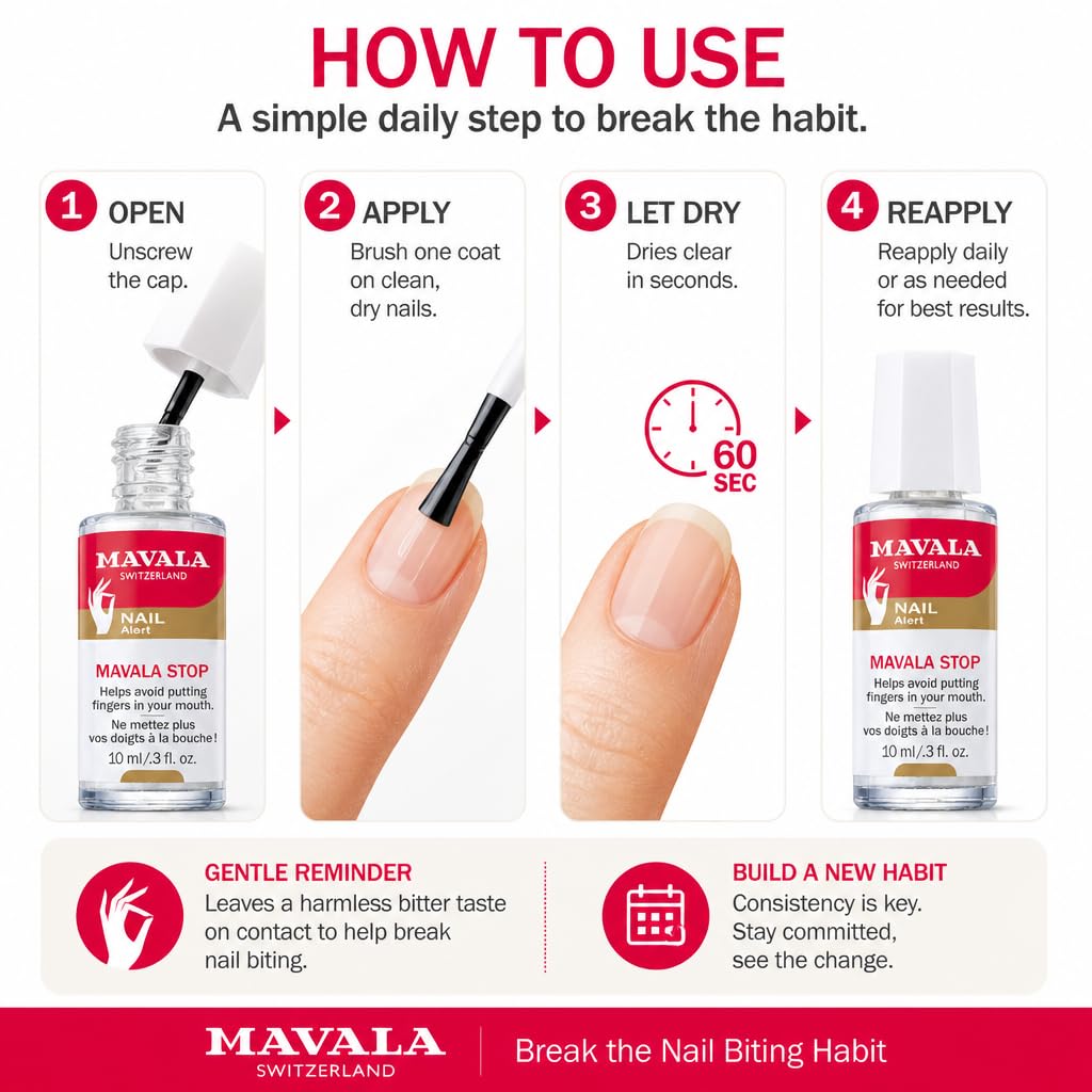 Mavala Stop Nail Biting Polish, No more putting Fingers in your Mouth, for Adults and Children, Invisible, Safe, and Bitter, 100% Made in Switzerland, Natural Ingredients, Cruetly Free, Vegan, 10 ml - Available at All In One Marketplace Canada