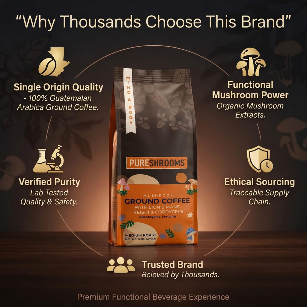 PureShrooms Mushroom Ground Coffee – Medium Roast Arabica with Lion's Mane, Reishi & Cordyceps – 340g