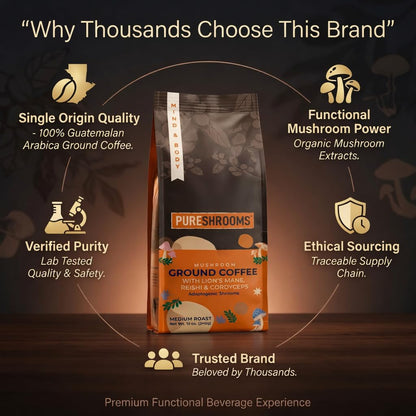 PureShrooms Mushroom Ground Coffee – Medium Roast Arabica with Lion's Mane, Reishi & Cordyceps – 340g