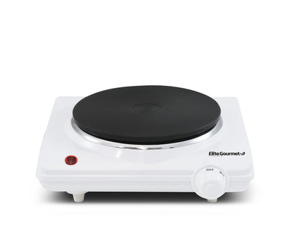 Elite Gourmet ESB-301F Countertop Single Cast Iron Burner, 1000 Watts Electric Hot Plate, Temperature Controls, Power Indicator Lights, Easy to Clean, White