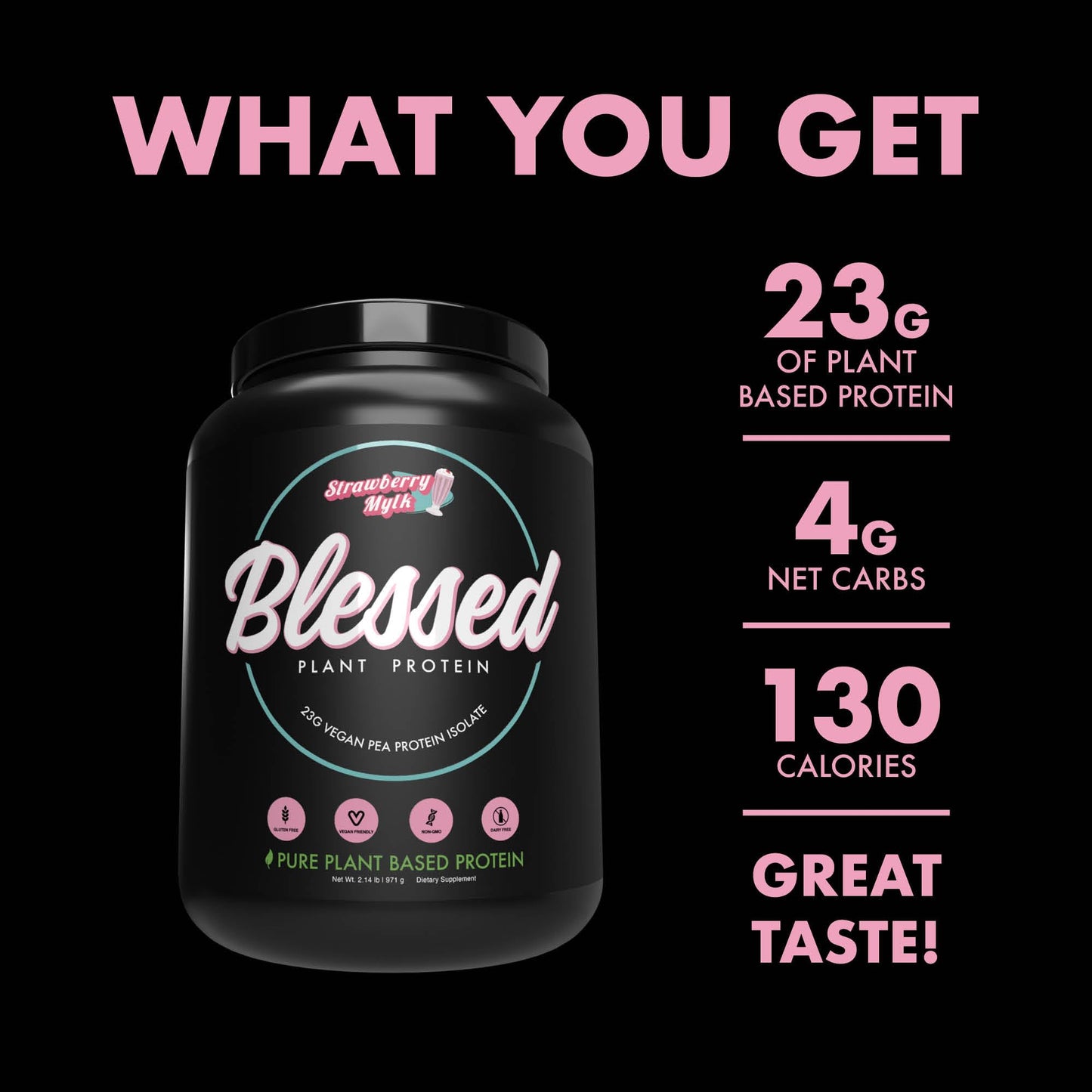 Blessed Plant-Based Protein Powder - Pea Protein Meal Replacement Shake, 23g Protein Per Serving, Vegan, Gluten-Free, Naturally Sweetened, 30 Servings (Strawberry Mylk)