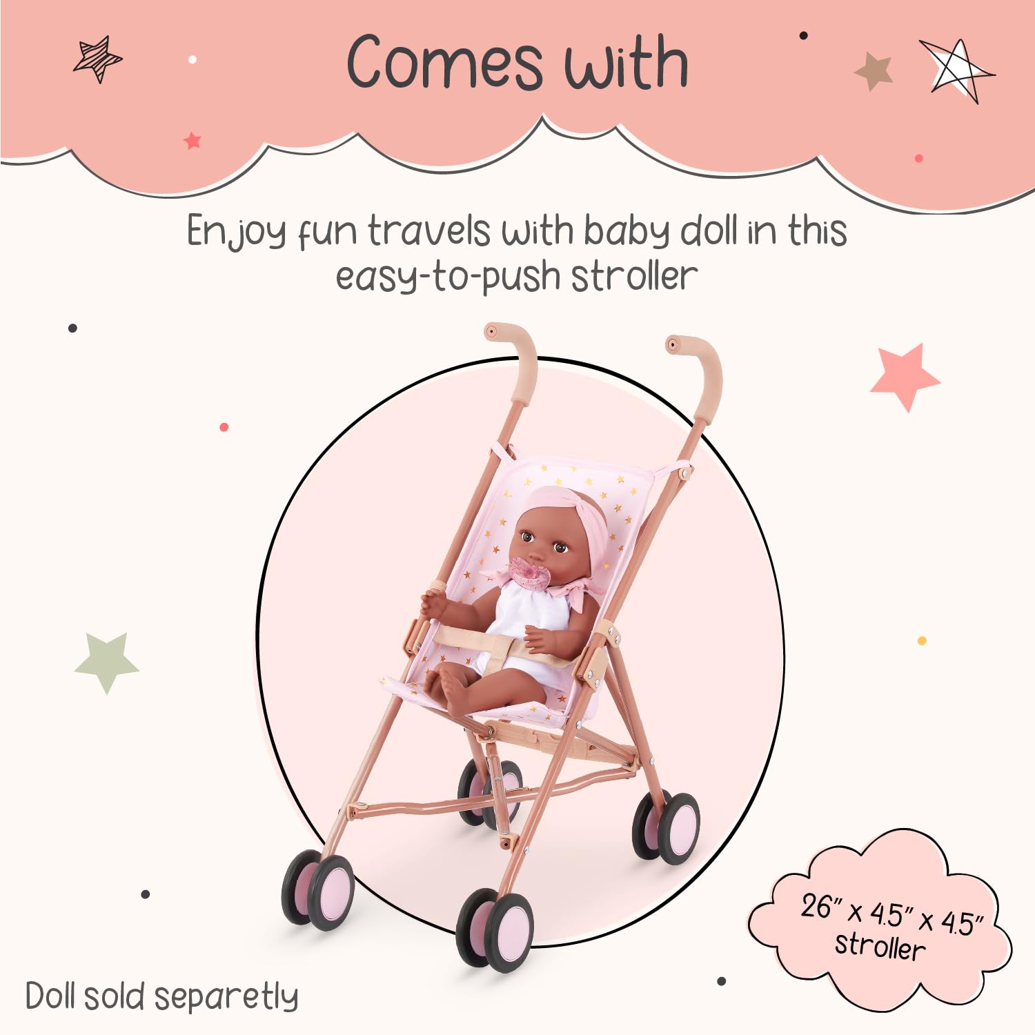 LullaBaby Baby Doll Stroller, Foldable Star-Print Toy Stroller, Accessory LullaBaby