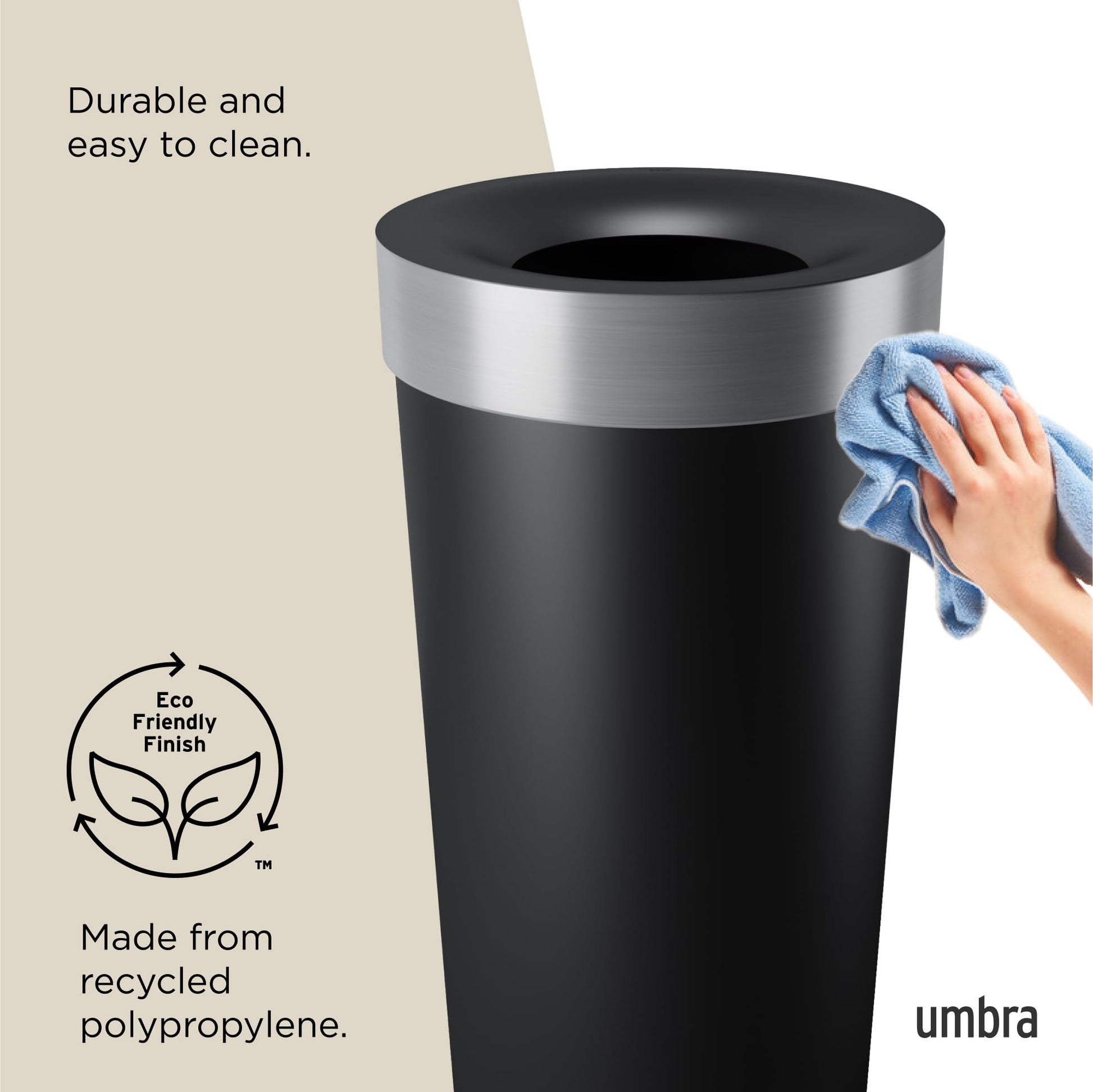 Umbra Vento Kitchen Trash Can – Large 16 Gal (62 L) Open Top Garbage Can for Home & Office – Modern Clean Design, Black/Nickel Umbra
