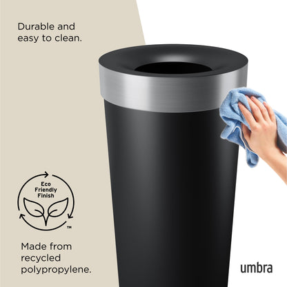 Umbra Vento Kitchen Trash Can – Large 16 Gal (62 L) Open Top Garbage Can for Home & Office – Modern Clean Design, Black/Nickel Umbra