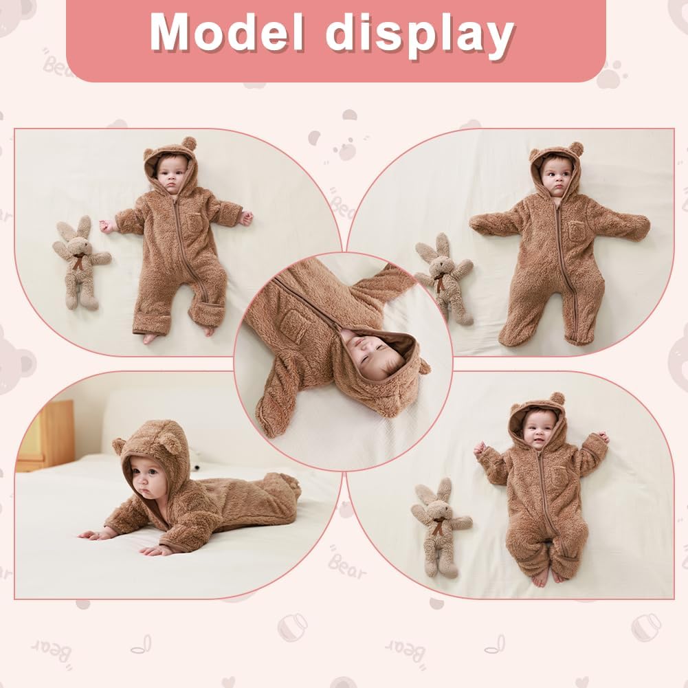 AiWMGL Newborn Baby Bear Fleece Footed Hooded Jumpsuit 🍁 All In One Marketplace Canada
