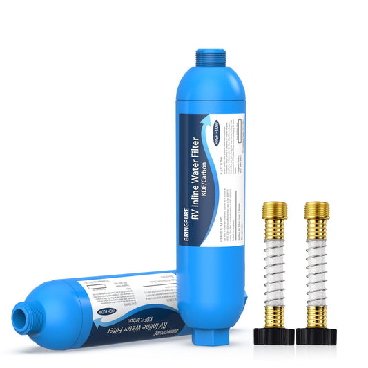 2 Packs of RV Inline Water Filter with Flexible Hose Protector, NSF 42/372 Certified, Reduce Chlorine, Odor, Taste, Rust and Fluoride in Drinking Water, Dedicated for RVs and Marines.