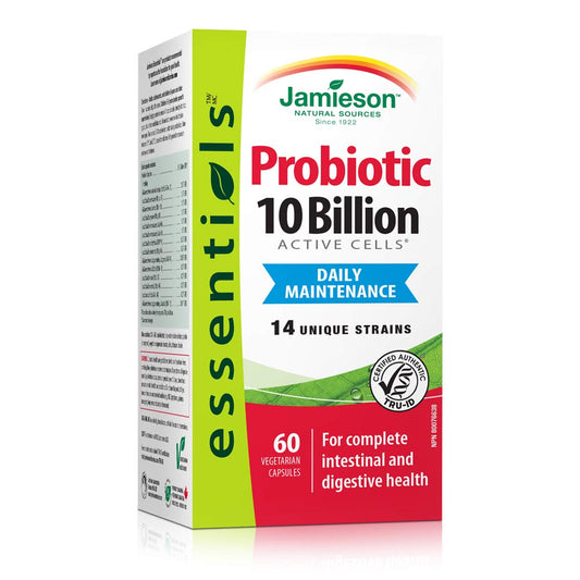 Jamieson Probiotic 10 Billion CFU, 60 Veggie Capsules, Daily Maintenance, Intestinal & Digestive Health. 14 Unique Strains to Improve Microbial Diversity, Bifidobacterium and Lactobacillus, Non-GMO