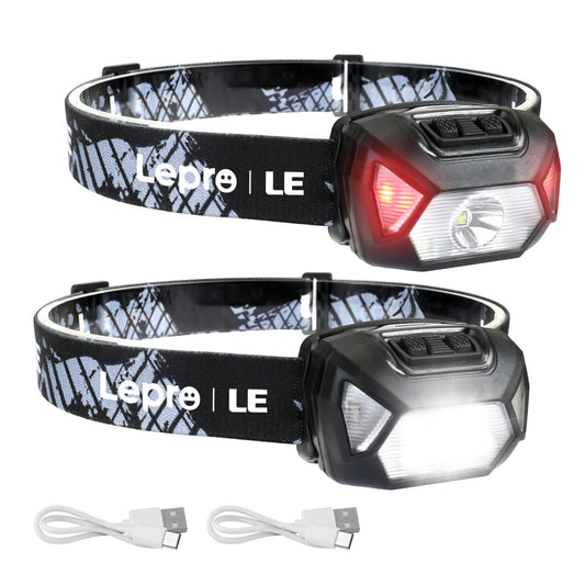 Lepro Rechargeable Headlamp 2-Pack, 2000 Lux Super Bright LED Head Torch with Red Light, 6 Modes USB Charging Waterproof Headlight, Lightweight Hard Hat Compatible Light for Camping, Hiking, Running