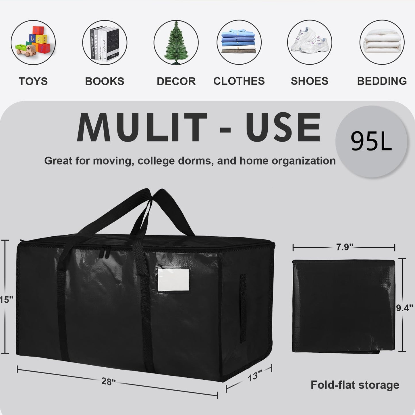 6 Pack-Extra Large Heavy Duty Moving Bags - Waterproof Storage Totes with Handles & Zippers, Foldable for College Dorm, Storage (Black)