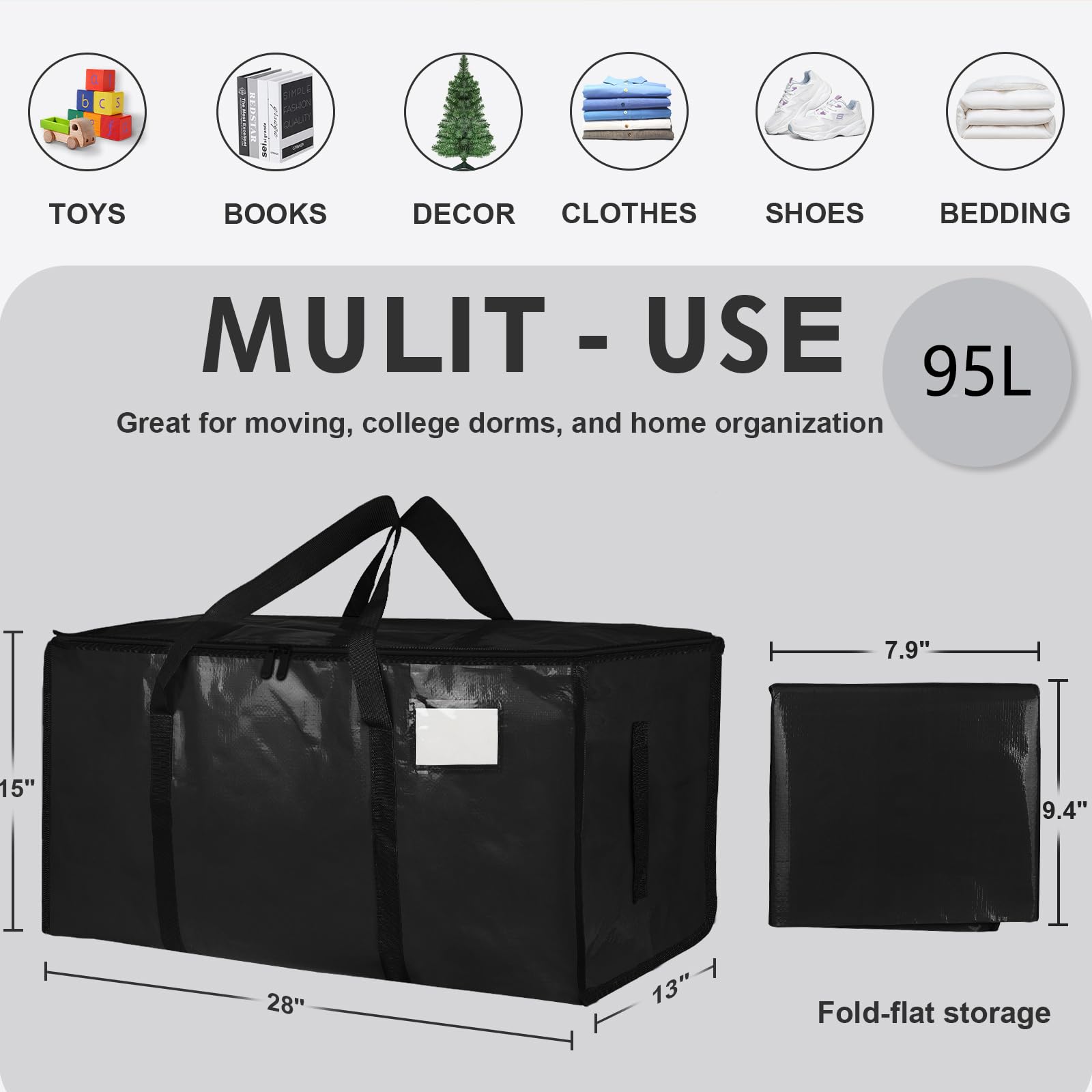 6 Pack-Extra Large Heavy Duty Moving Bags - Waterproof Storage Totes with Handles & Zippers, Foldable for College Dorm, Storage (Black)