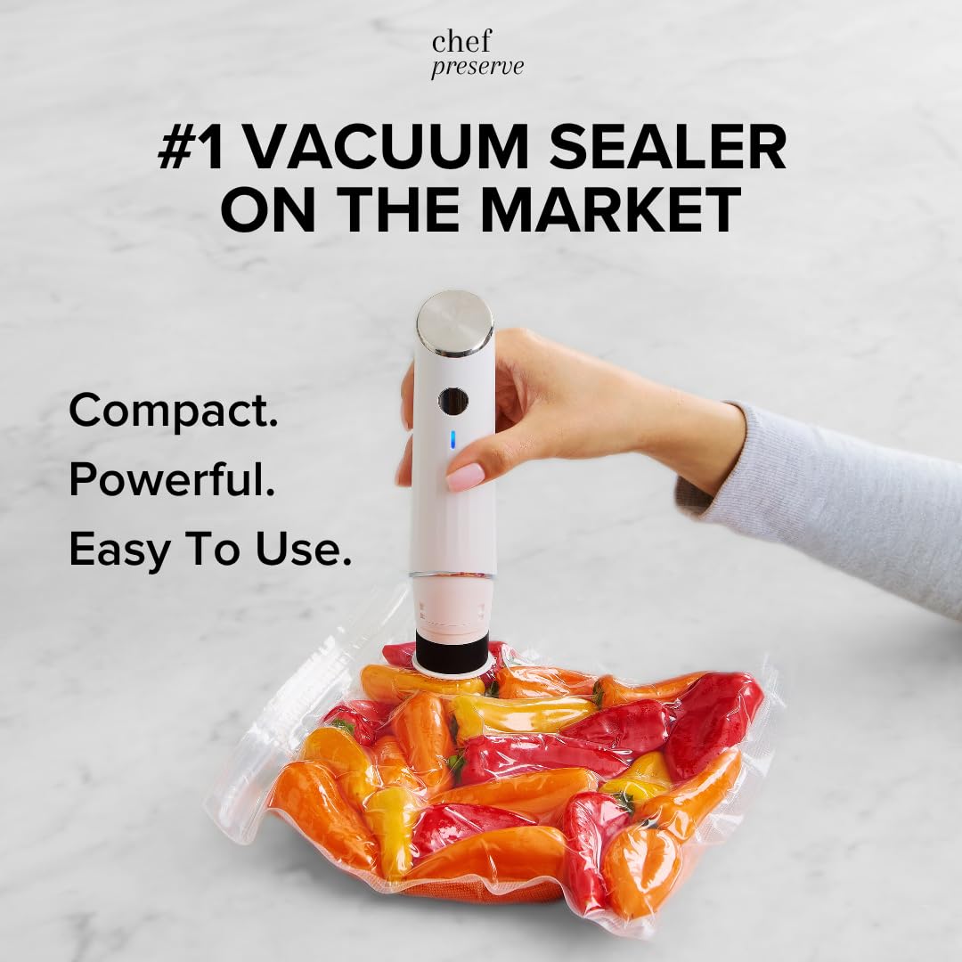 Chef Preserve Compact Vacuum Sealer for Food (Vacuum Sealer Machine + 30 Reusable Vacuum Bags) Powerful Handheld Vacuum Sealer Machine, Seal Meal Saver, Portable Food Sealer - Available at All In One Marketplace Canada