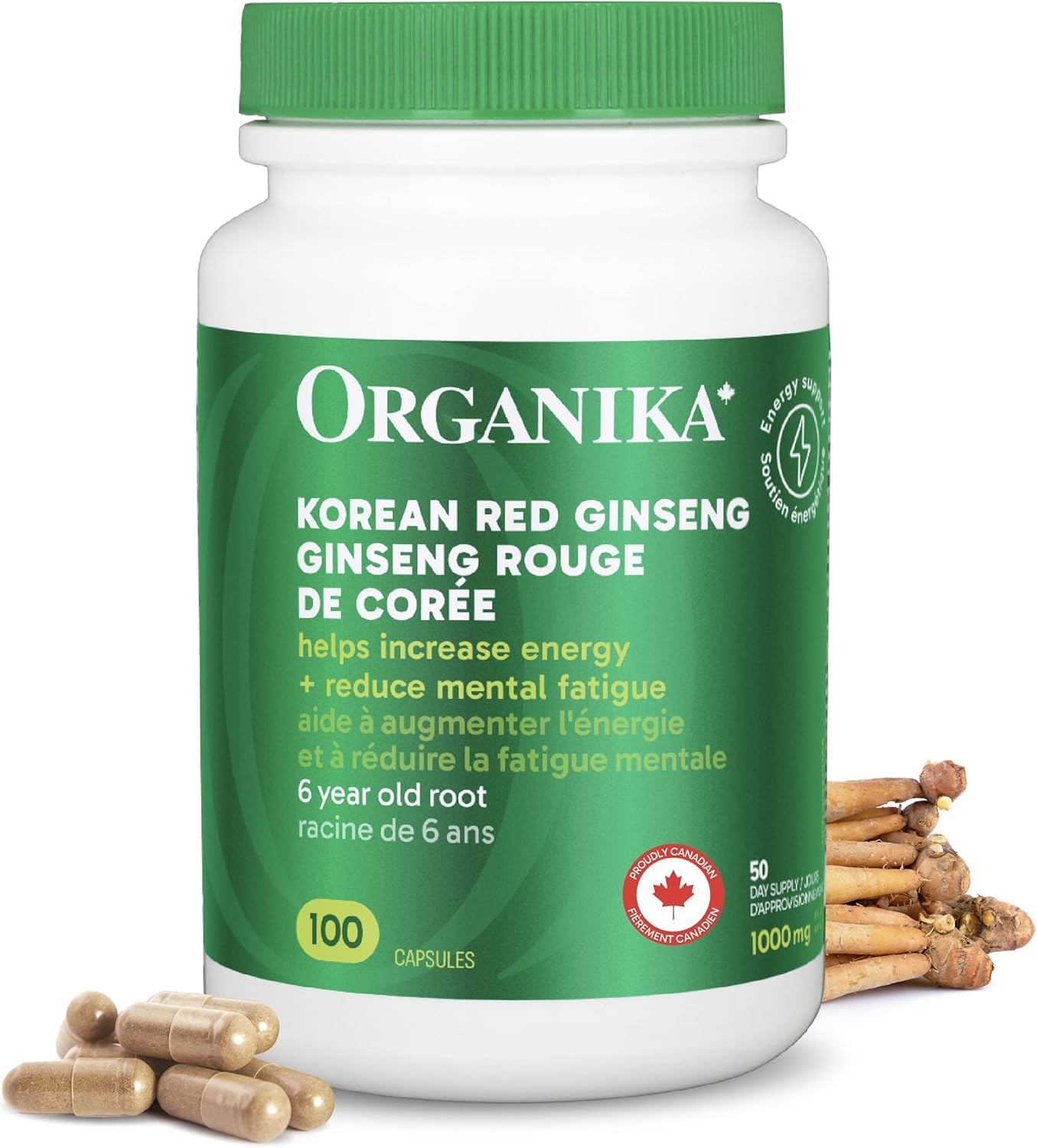 Organika Korean Red Ginseng- 6 Year Old Roots, Energy Support, Stress Support, Warming Effect- 100caps Organika