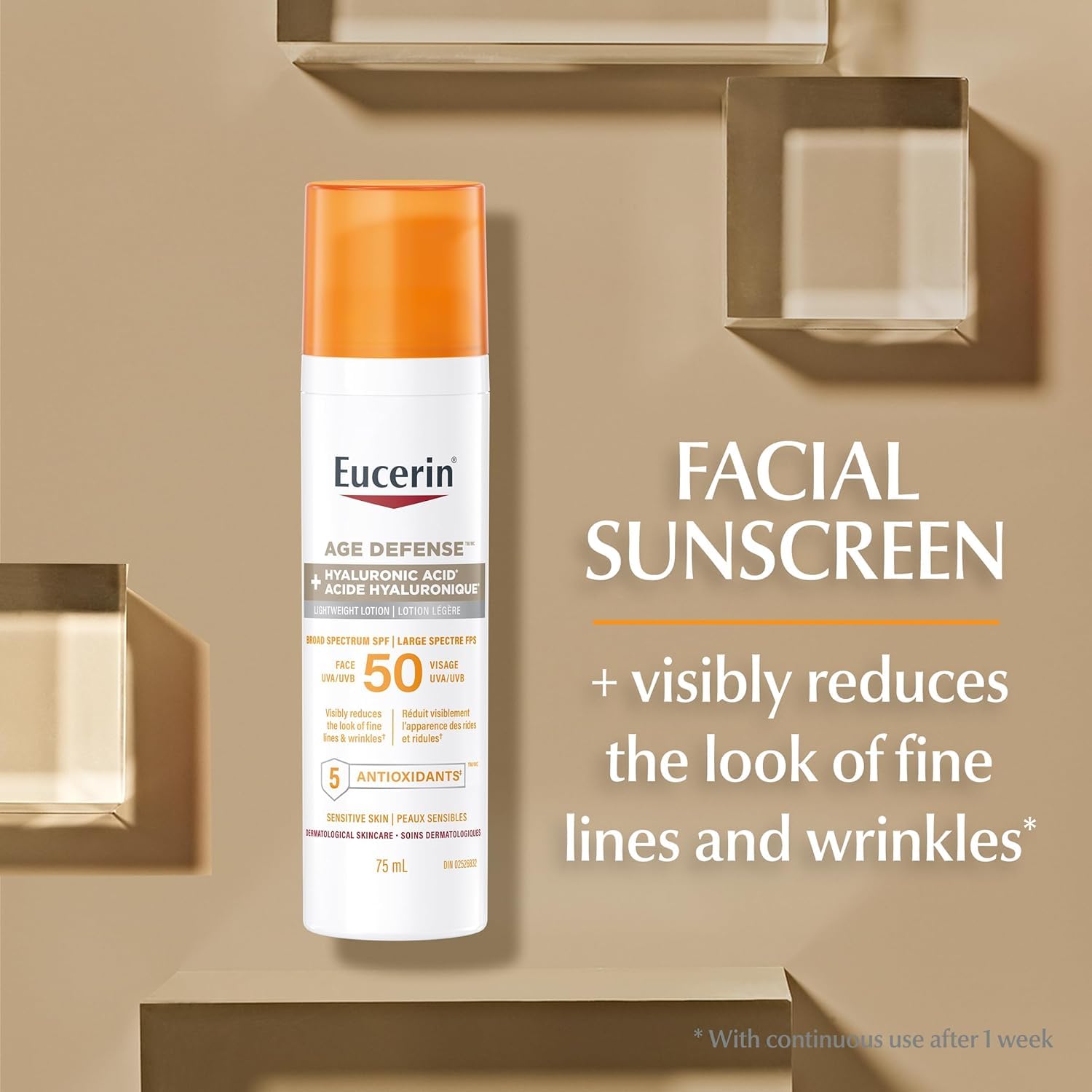 Eucerin Sun Age Defense Face Sunscreen SPF 50, Facial Sunscreen with Hyaluronic Acid and Antioxidants, Body SPF 50 Lotion with UVA-UVB Sun Protection, For Sensitive & Aging Skin, Reduce the look of fine line & wrinkles*, Fragrance Free & Non Greasy, 75mL - Available at All In One Marketplace Canada