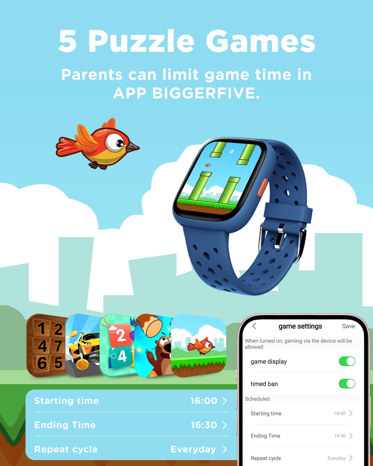 BIGGERFIVE Smart Watch for Kids, 1.8" Fitness Tracker Watch Pedometer, Heart Rate, Sleep Monitor, IP68 Waterproof, Calorie Step Counter, Puzzle Games with/Without APP for Girls Boys Teens 5-16, Blue