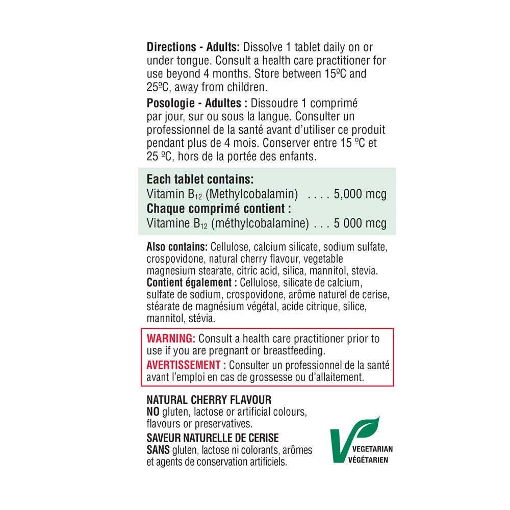 Jamieson Vitamin B12 5,000 mcg Fast Dissolve Sublingual Tablets Natural Cherry Flavour, Methylcobalamin, Supports Energy Production and Metabolism. Vegetarian. Gluten-Free, No Artificial Colours, Flavours, or Preservatives, 45 Count, Proudly Canadian - Available at All In One Marketplace Canada