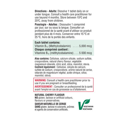 Jamieson Vitamin B12 5,000 mcg Fast Dissolve Sublingual Tablets Natural Cherry Flavour, Methylcobalamin, Supports Energy Production and Metabolism. Vegetarian. Gluten-Free, No Artificial Colours, Flavours, or Preservatives, 45 Count, Proudly Canadian - Available at All In One Marketplace Canada