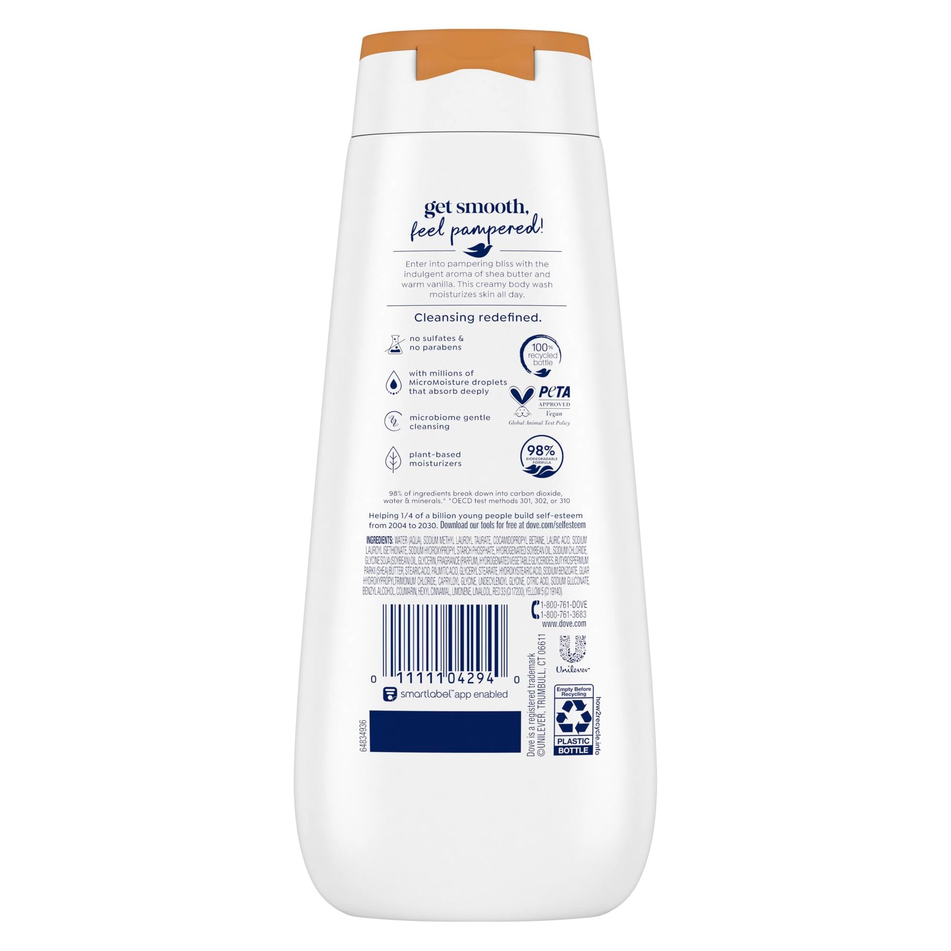 Dove Body Wash for Renewed, Healthy-Looking Skin, Pampering Shea Butter & Vanilla, Gentle Skin Cleanser with 24hr Renewing MicroMoisture, 325mL (Pack of 4)