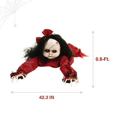 Poupée bébé rampante effrayante de Haunted Hill Farm, animatronique d'Halloween avec lumières et sons activés au toucher, décorations d'Halloween à piles pour l'intérieur ou l'extérieur couvert, accessoire effrayant pour Halloween