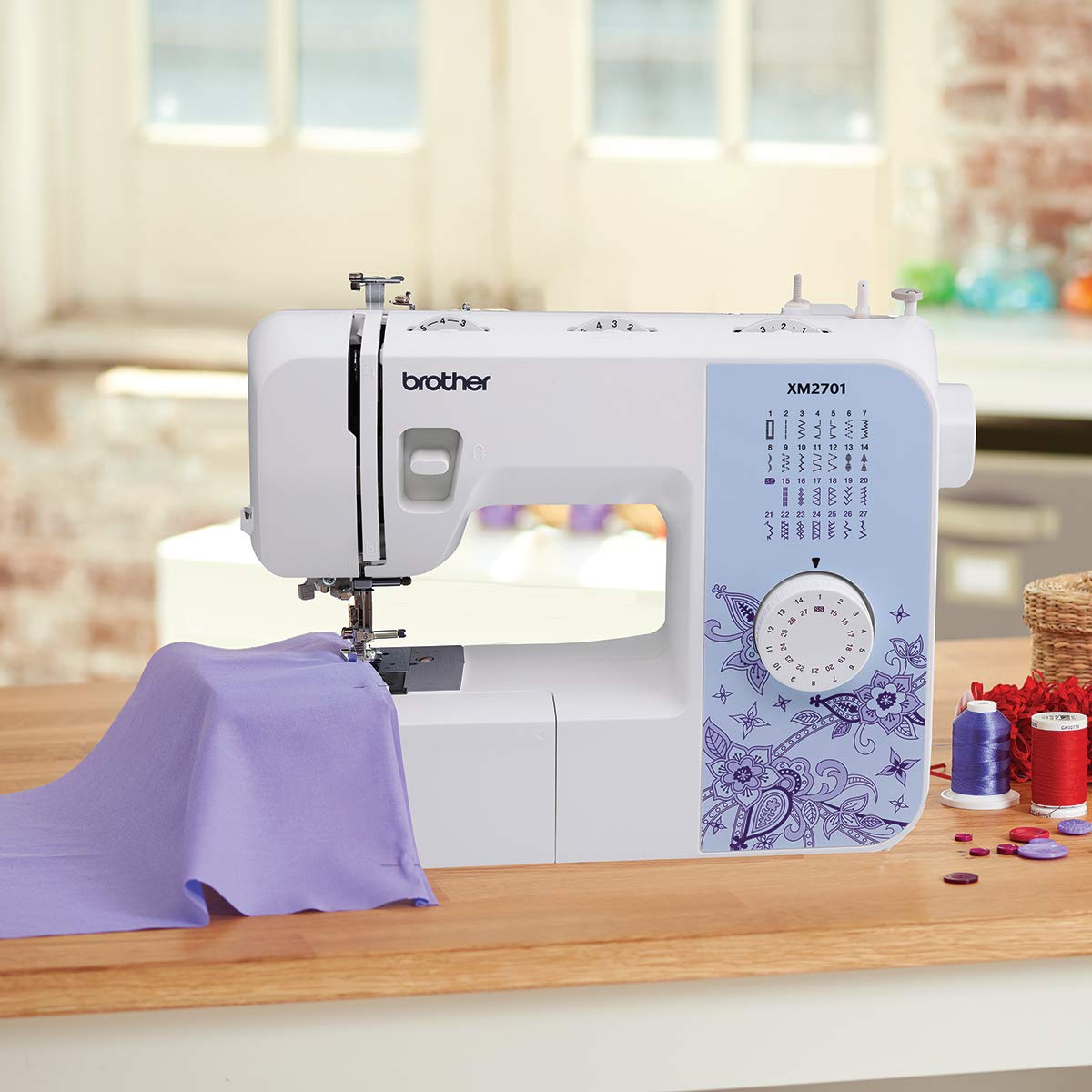 Brother XM2701 Lightweight, Full-Featured Sewing Machine with 27 Stitches, 1-Step Auto-Size Buttonholer, 6 Sewing Feet, and Instructional DVD - Available at All In One Marketplace Canada