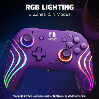 PDP Afterglow Wave Wireless RGB Gaming Controller - Nintendo Switch/Switch Lite/Switch - OLED Model, Nintendo Switch 2, LED Lighting, Rechargeable Battery - Purple