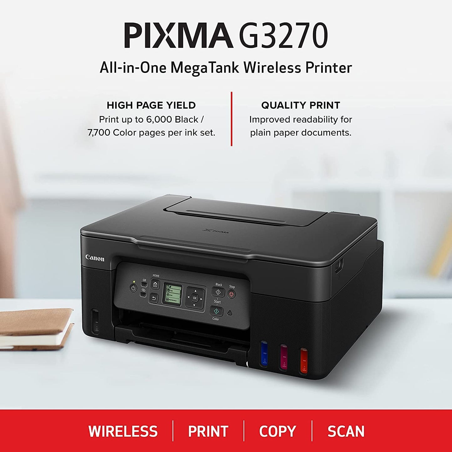 Canon PIXMA G3270 - MegaTank Ink Tank Wireless Printer, Colour All-in-One, Printer, Scanner, Copier, Mobile Friendly, Black