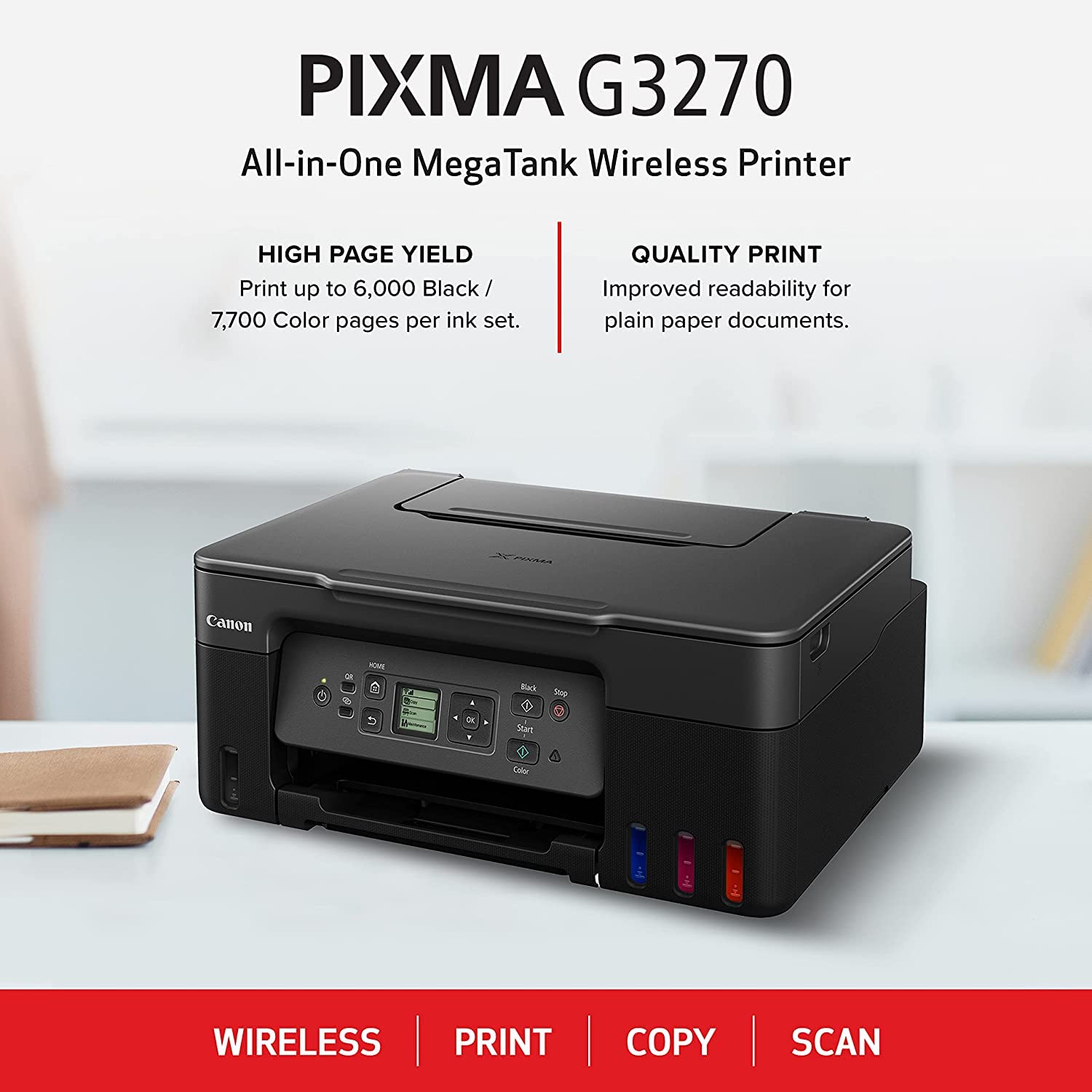 Canon PIXMA G3270 - MegaTank Ink Tank Wireless Printer, Colour All-in-One, Printer, Scanner, Copier, Mobile Friendly, Black