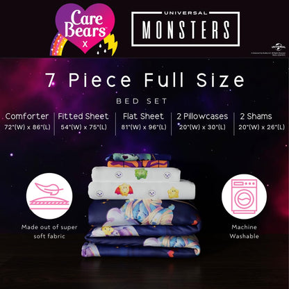 Franco Care Bears x Universal Monsters Halloween Bedding 7 Piece Super Soft Cozy Reversible Comforter and Sheet Set with Sham, Full, (Officially Licensed Product)