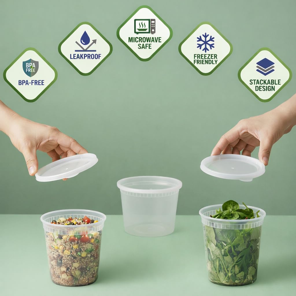 Deli Food Containers with Lids - (48 Sets) 24-32 Oz Quart Size & 24-16 Oz Pint Size Airtight Food Storage Takeout Meal Prep Containers with 54 Lids, BPA-Free, Dishwasher, Microwave Safe - Available at All In One Marketplace Canada