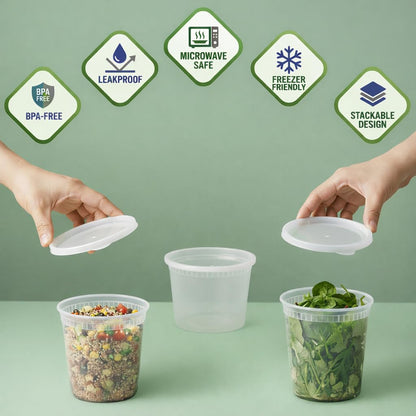 Deli Food Containers with Lids - (48 Sets) 24-32 Oz Quart Size & 24-16 Oz Pint Size Airtight Food Storage Takeout Meal Prep Containers with 54 Lids, BPA-Free, Dishwasher, Microwave Safe - Available at All In One Marketplace Canada