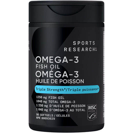 Sports Research Triple Strength Omega 3 Fish Oil - Burpless Fish Oil Supplement w/EPA & DHA Fatty Acids from Wild Alaskan Pollock - Heart, Brain & Immune Support for Men & Women - 1250 mg, 90 ct