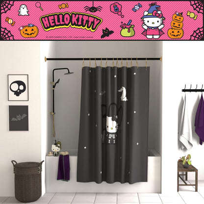 Ensemble de rideau de douche Hello Kitty squelette d'Halloween Sanrio de 13 pièces, rideau en tissu de 183 x 183 cm avec crochets, décoration de salle de bain, lavable en machine (produit sous licence officielle à 100 %) par Franco Collectibles
