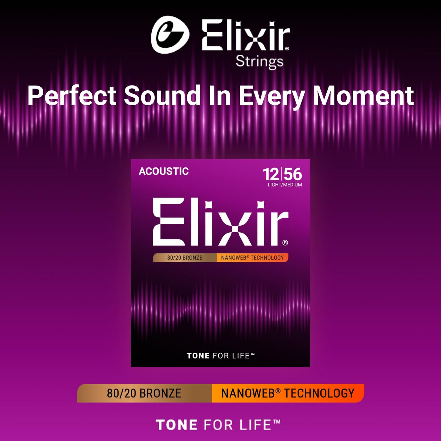Elixir 11002 80/20 Bronze Nanoweb Coating Acoustic Guitar Strings - Light-Medium 12-56