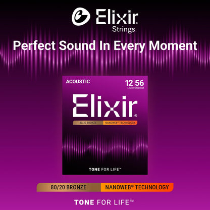 Elixir 11002 80/20 Bronze Nanoweb Coating Acoustic Guitar Strings - Light-Medium 12-56